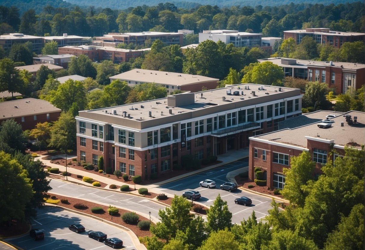 A sunny day in Kennesaw, with a mix of residential and commercial buildings. HVAC systems are visible on rooftops, with trees and greenery scattered throughout the city