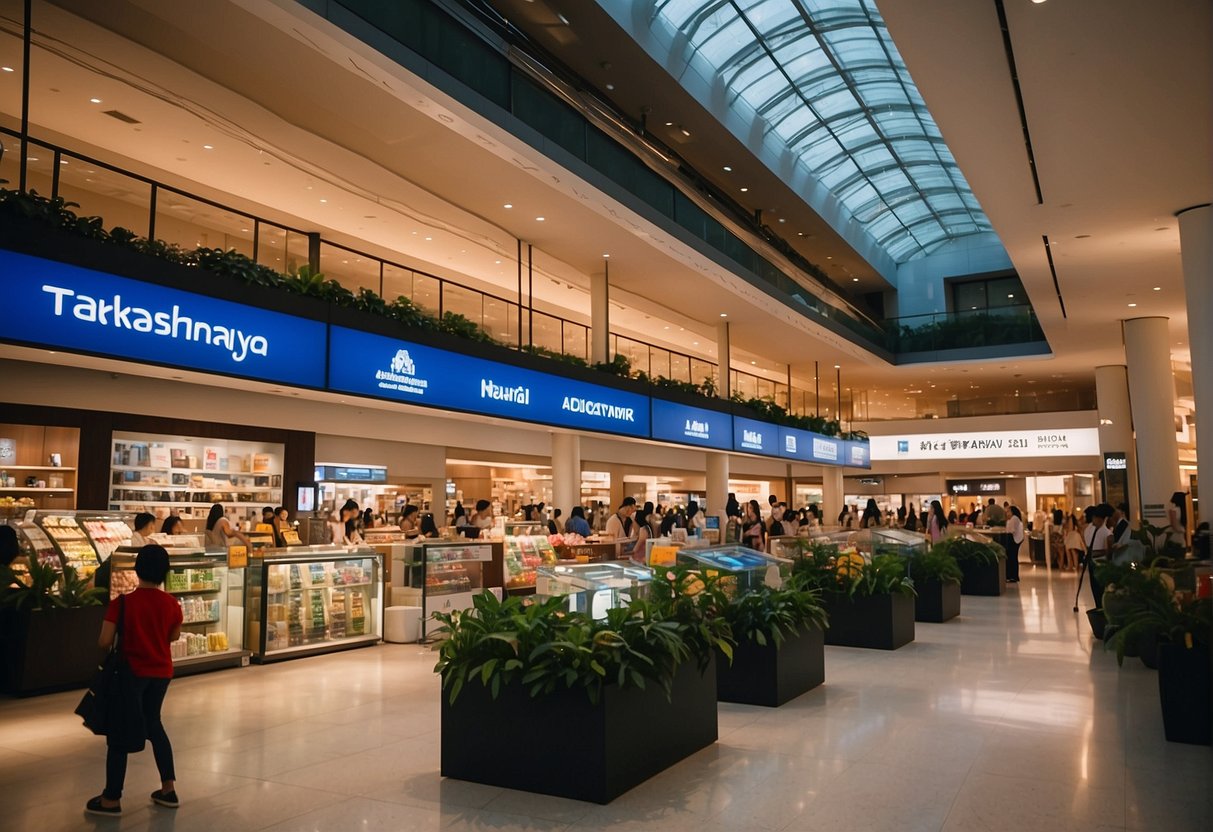 Takashimaya promotions in Singapore: Brightly lit store displays, bustling shoppers, and colorful signage