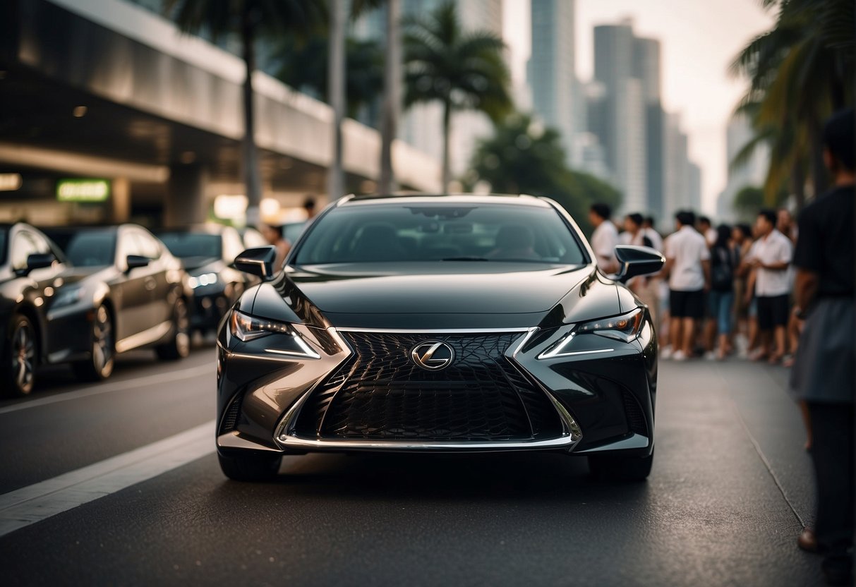 A sleek Lexus car surrounded by promotional banners and a crowd of eager customers in Singapore