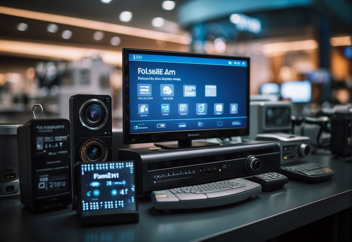 A display of various tech gadgets and electronics with promotional signs for aircon trade-ins in Singapore
