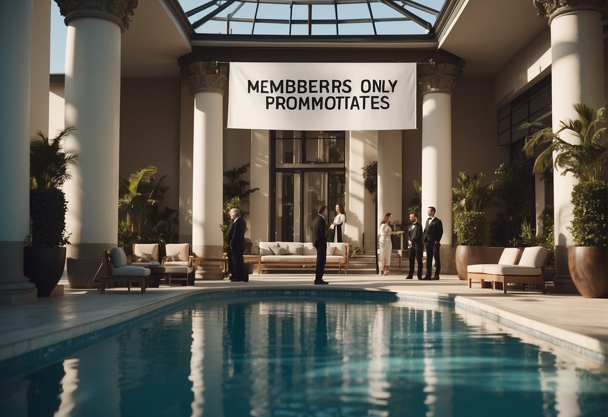 A group of people in formal attire gather around a luxurious swimming pool, with a banner overhead reading "Members Only: Elite Promotions for Club Affiliates." The scene exudes exclusivity and sophistication