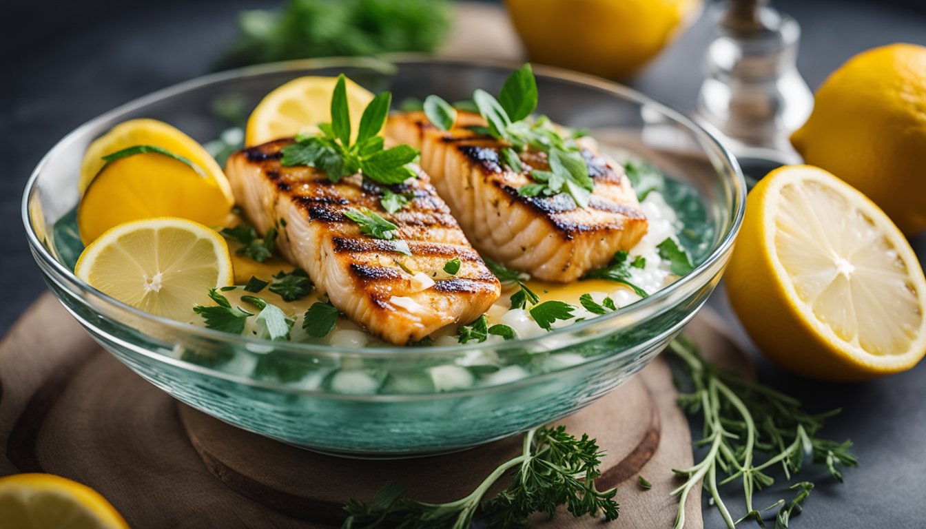 A clear glass bowl filled with tangy citrus sauce drizzled over a perfectly grilled fish fillet, garnished with fresh herbs and lemon slices