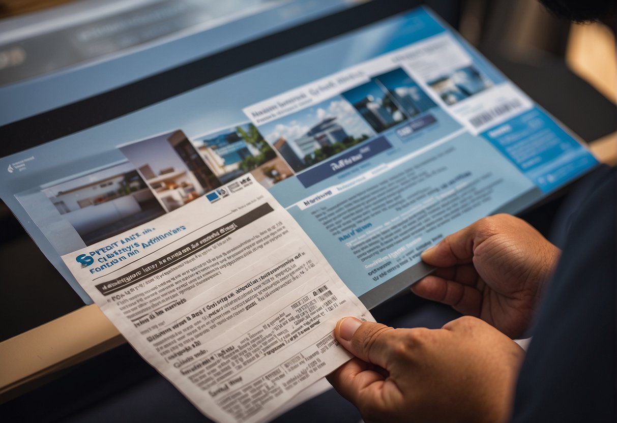 A customer browsing a promotional flyer for aircon trade-ins in Singapore, with a list of frequently asked questions displayed prominently