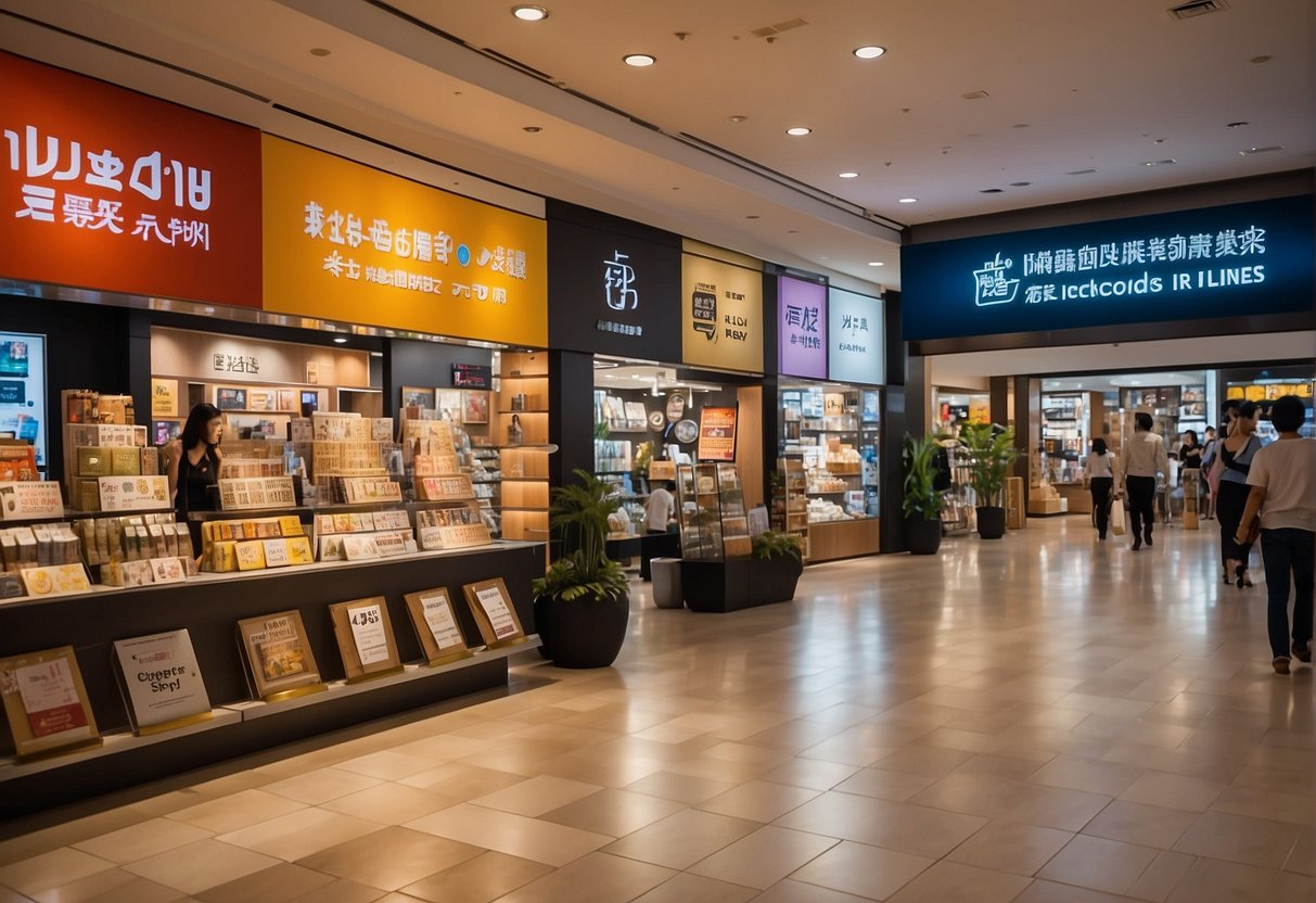 A colorful display of promotional signs and banners at Takashimaya, Singapore. Shoppers browsing and interacting with staff