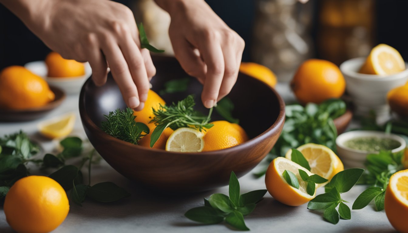 A hand squeezes fresh oranges and lemons into a bowl, adding herbs and spices, creating a vibrant citrus sauce for fish