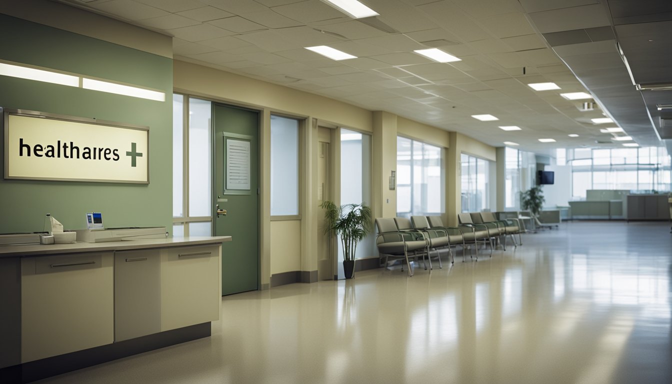 A hospital hallway with empty chairs and unstaffed desks, a sign with "Healthcare Vacancies" prominently displayed