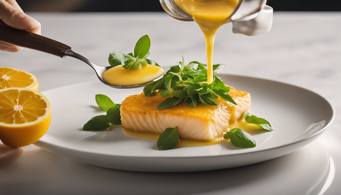 A citrus sauce is being poured over a perfectly cooked piece of fish, creating a delicious pairing