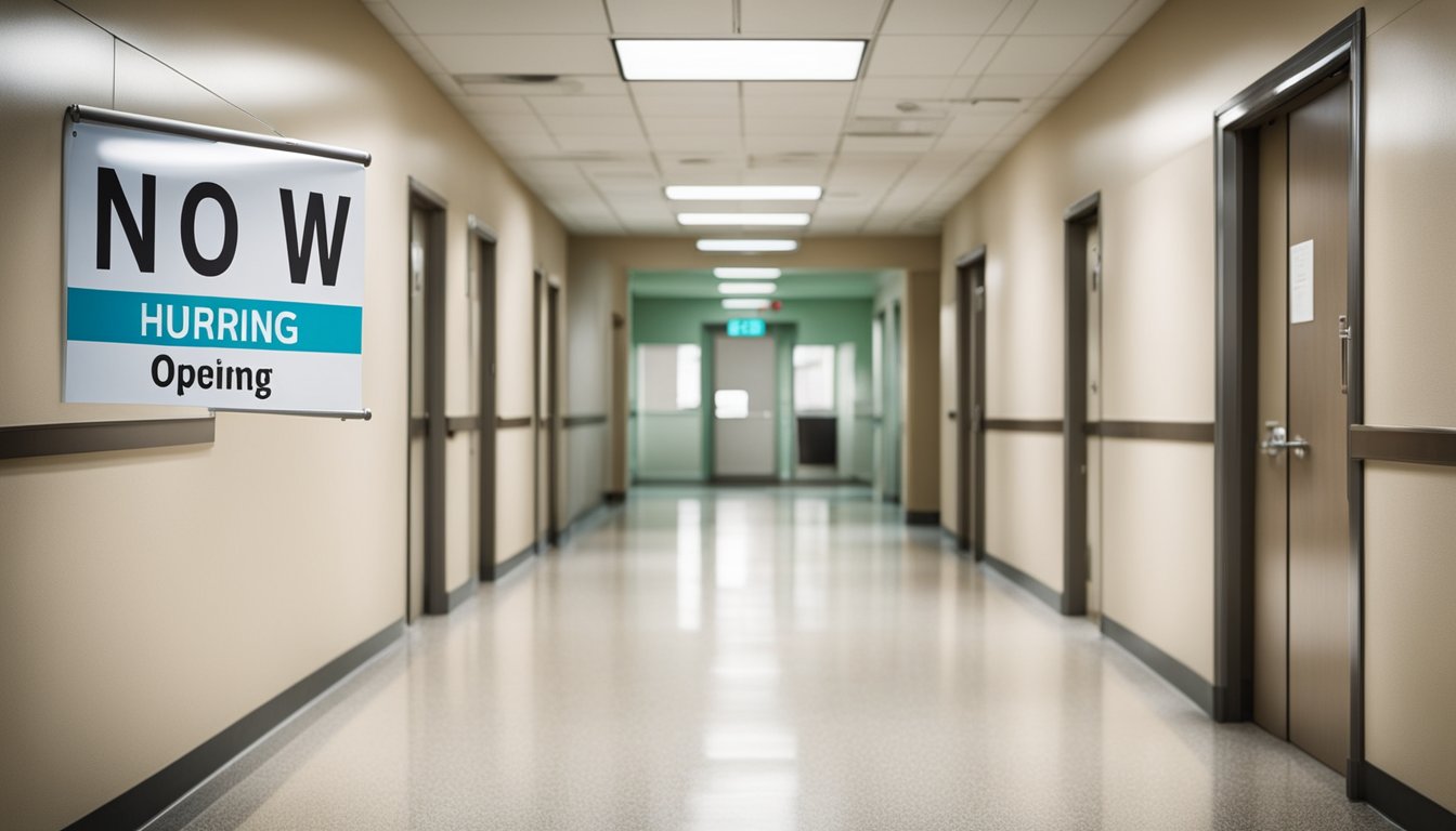 A hospital hallway with empty rooms and open doors, a desk with a "now hiring" sign, and a bulletin board listing healthcare job openings