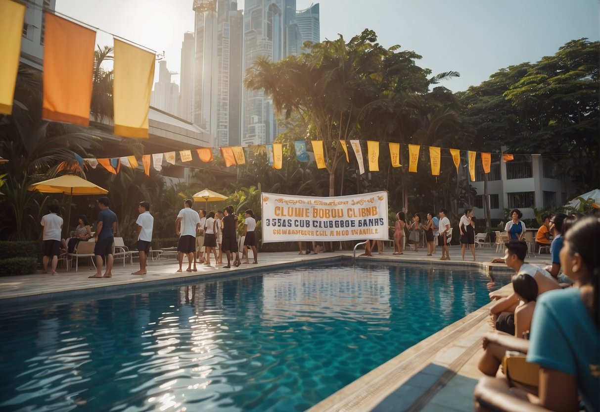 A group of people gather around a swimming pool, with banners and posters promoting a swimming club in Singapore. The vibrant colors and enthusiastic atmosphere create an inviting scene for potential members