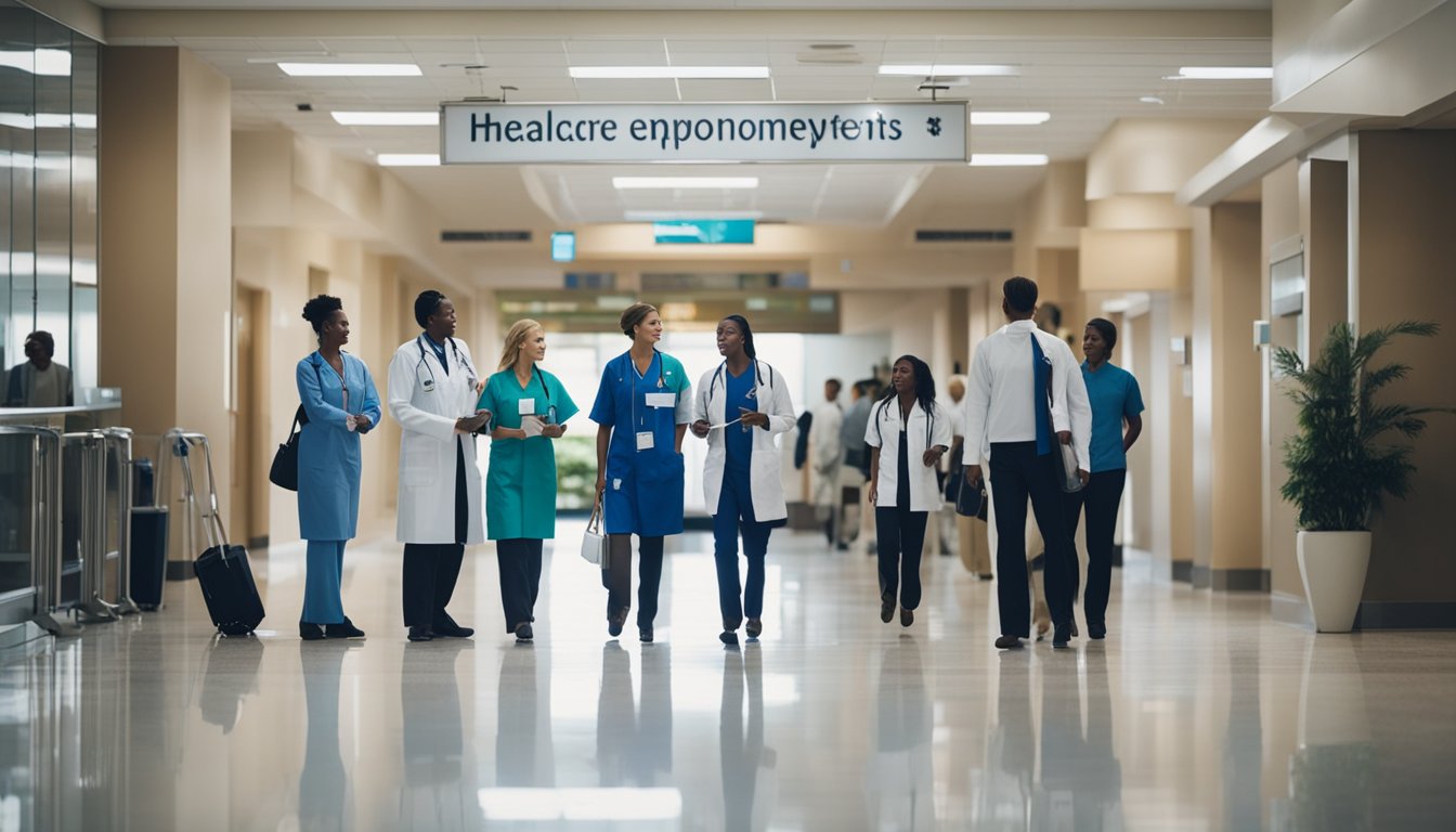 A bustling hospital lobby with a line of job seekers, and a sign reading "Healthcare Employment Opportunities" in bold letters