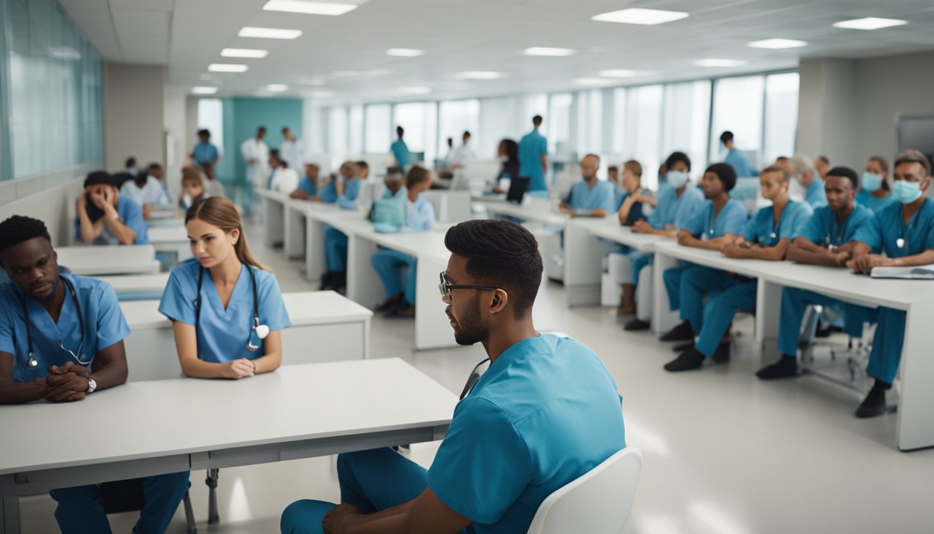 Healthcare facilities with empty chairs and desks. A line of people waiting. Frustration and stress evident on the faces of the staff