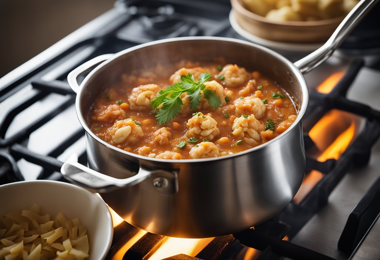 A pot simmers on a stove, filled with a savory crab meat sauce. Steam rises as the ingredients meld together, creating a rich and aromatic mixture