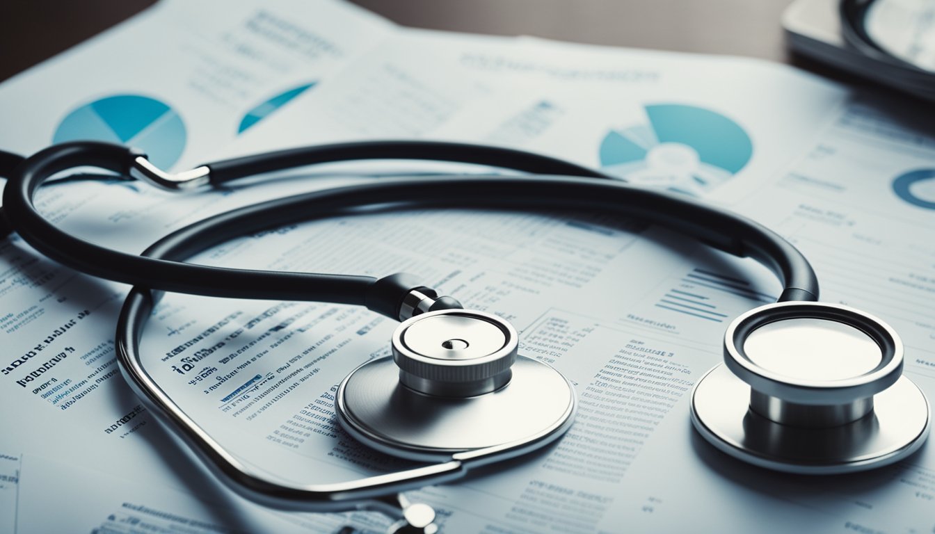 Healthcare symbols (stethoscope, medical cross, caduceus) surrounded by job postings and recruitment flyers