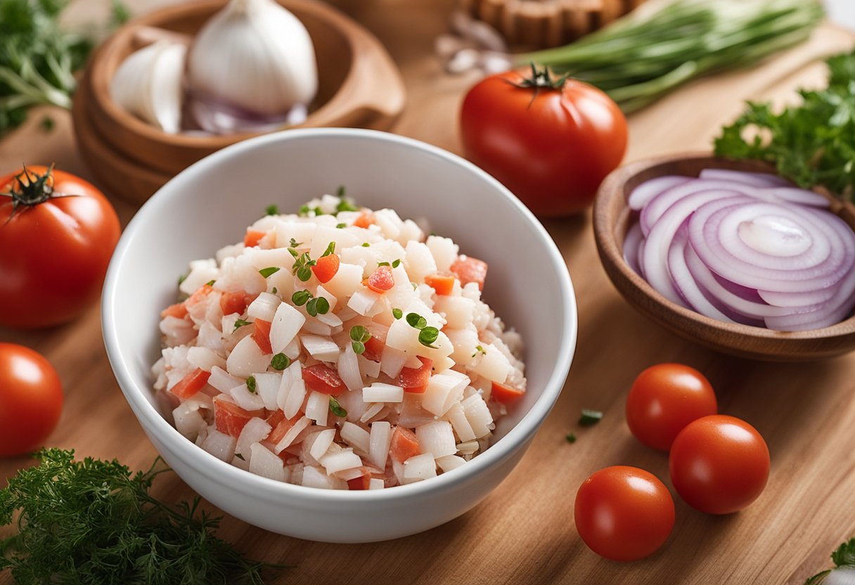 Fresh crab meat, diced onions, minced garlic, and chopped tomatoes are laid out on a clean kitchen counter. A bowl of seasoning sits nearby