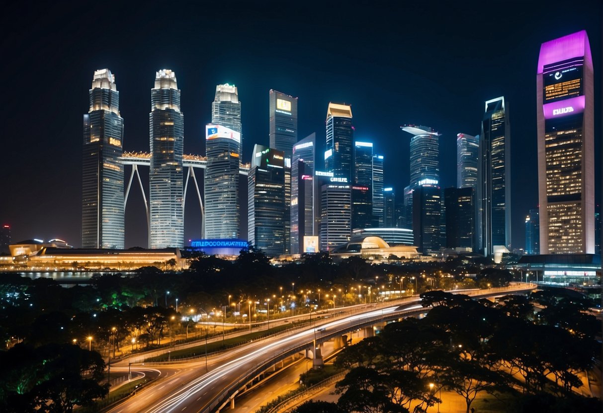 Vibrant cityscape with iconic landmarks and bustling streets in Singapore. Bright lights and colorful signs advertise "The Real Real" promotions