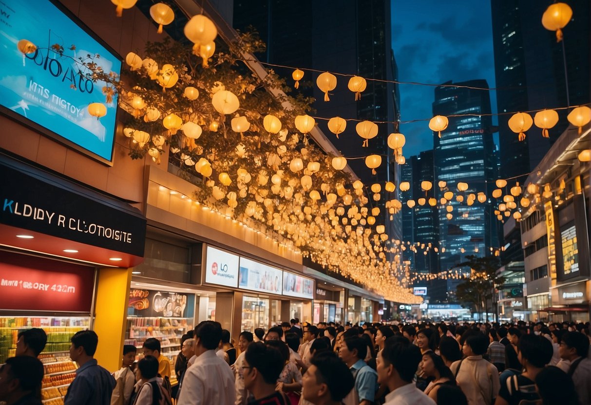 Vibrant lights illuminate Sogo Promotions Singapore. Crowds gather around colorful displays and promotional booths. The atmosphere is lively and bustling with excitement