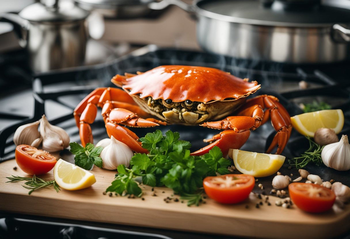 A crab shell surrounded by ingredients like tomatoes, garlic, and herbs, with a pot simmering on a stove