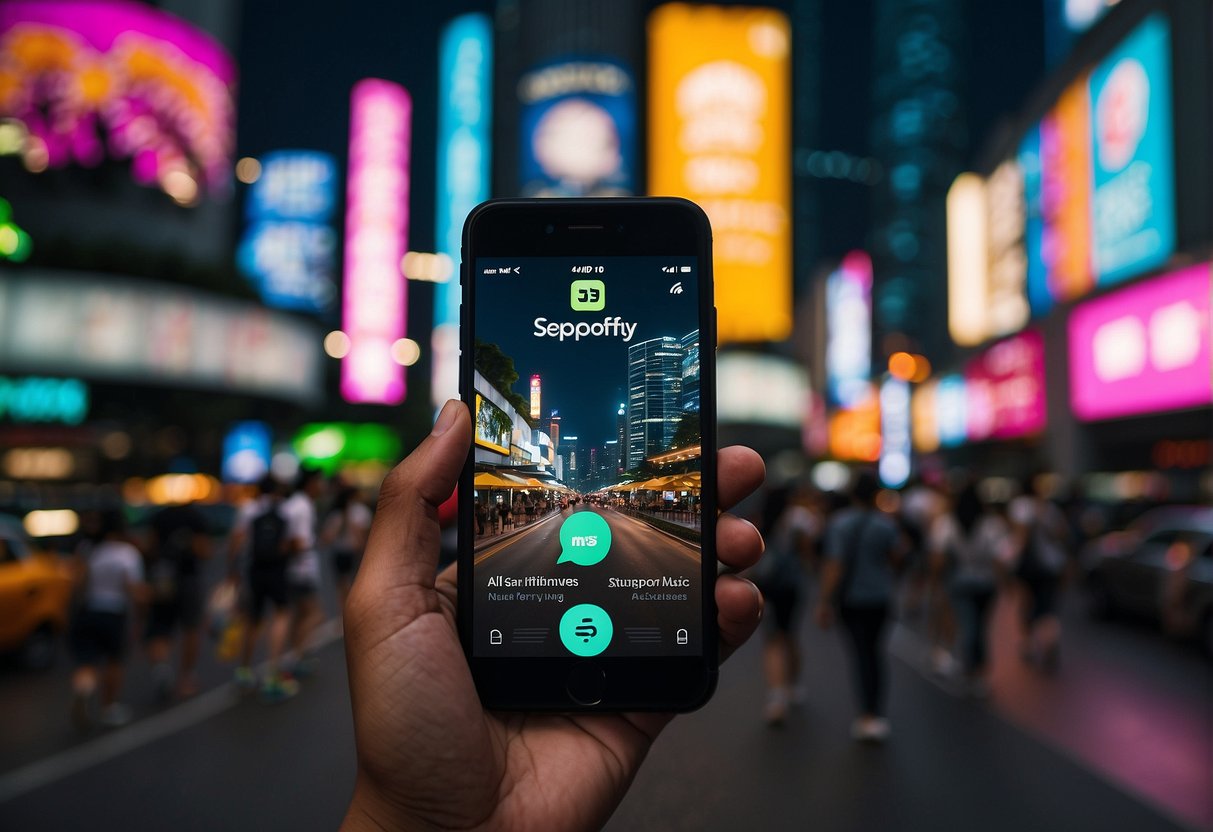 A bustling city street in Singapore, with colorful billboards and posters promoting Spotify music streaming services