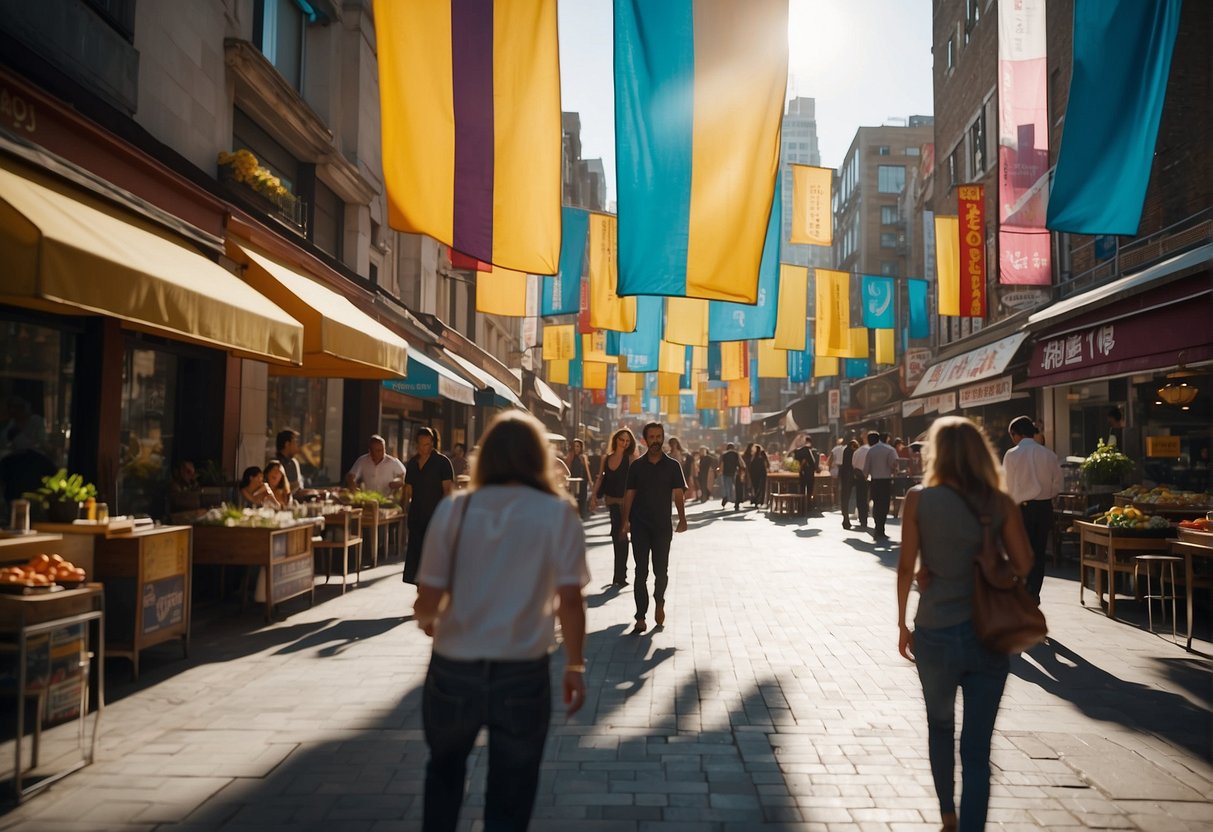 A bustling city street with colorful banners and signs promoting various sales and discounts at shops and restaurants