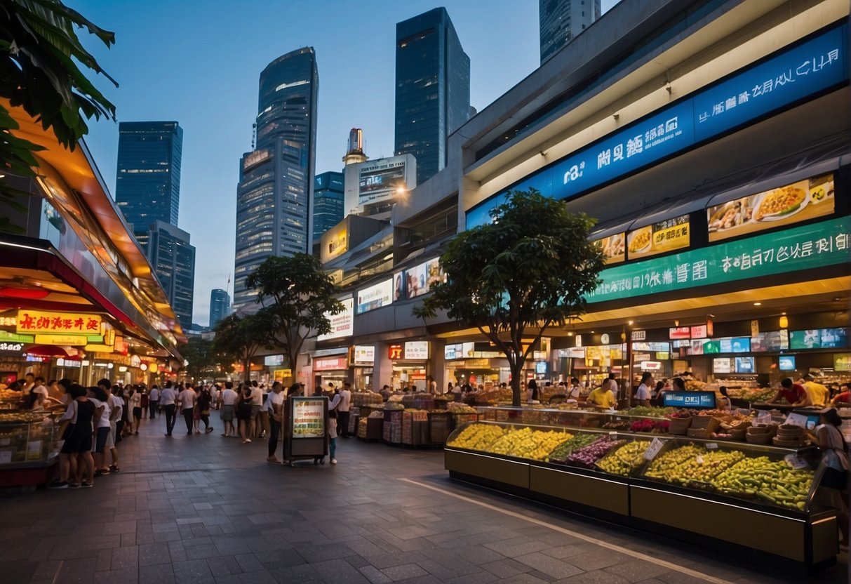 A bustling city street with bright, eye-catching promotional displays and signs, showcasing the latest deals and offers from The Real Real in Singapore