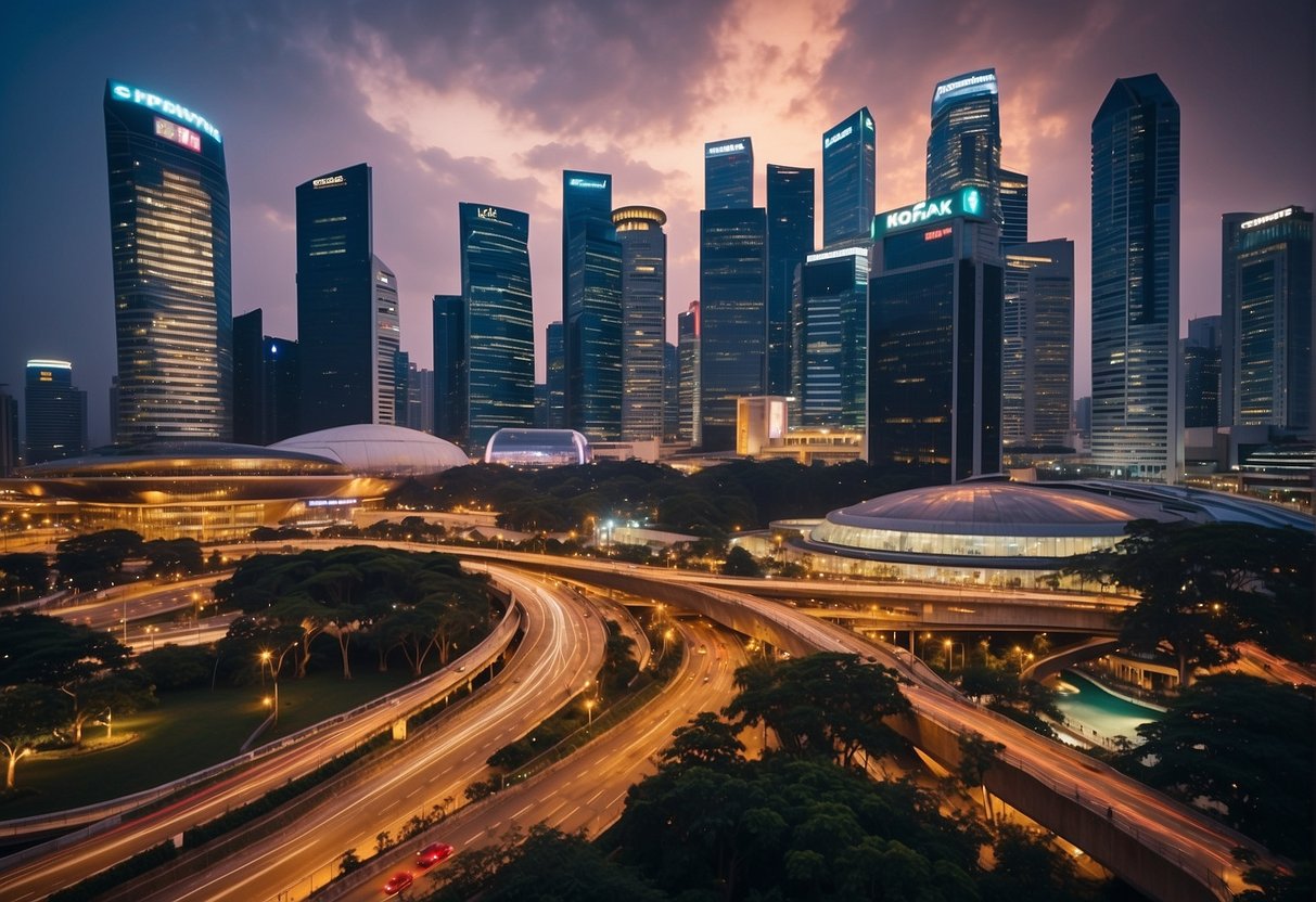 A bustling Singapore cityscape with iconic landmarks and vibrant streets, featuring promotional signs for travel and accommodation deals