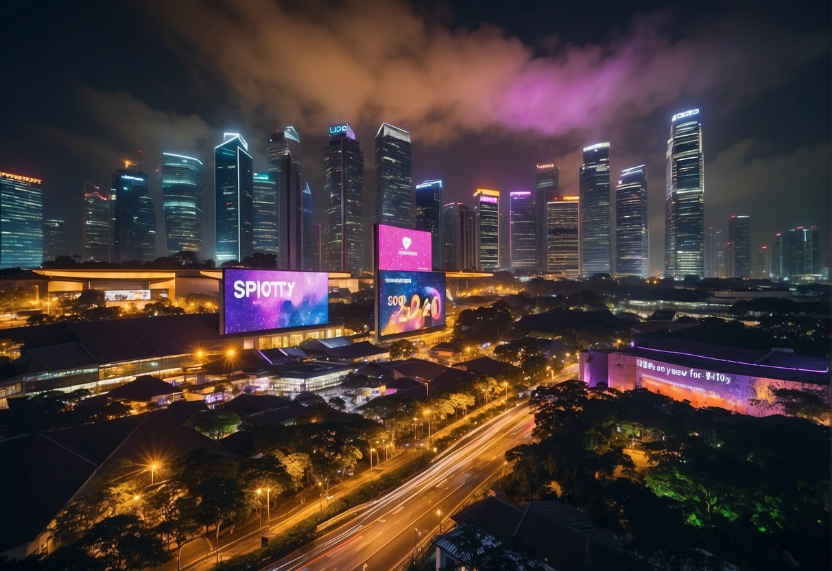 A vibrant city skyline with colorful billboards advertising "Exciting New Promotions for 2024" by Spotify in Singapore. Bright lights and a bustling urban atmosphere convey a sense of energy and excitement