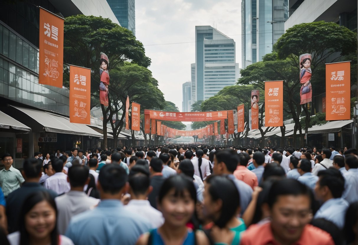 A bustling Singapore street with colorful promotional banners and crowds of people