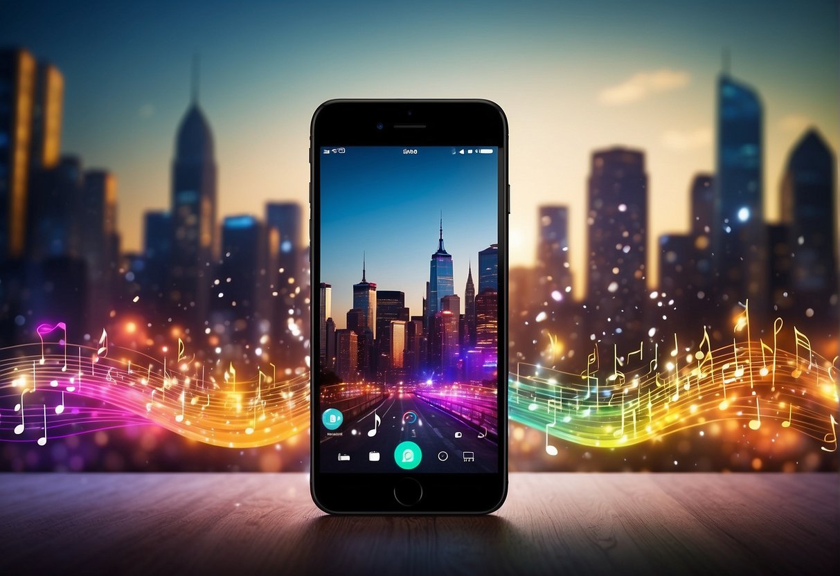 A vibrant city skyline with colorful music notes streaming from a smartphone, surrounded by dynamic energy and excitement