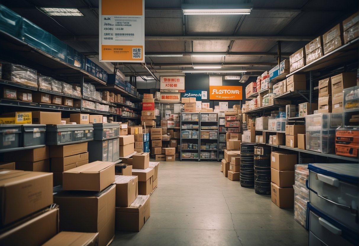 A cluttered storage space with various items on sale signs and promotional banners in Singapore
