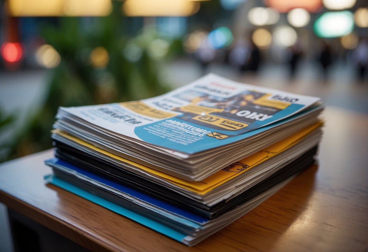A stack of promotional flyers with "Frequently Asked Questions" on top, surrounded by Singaporean landmarks and symbols