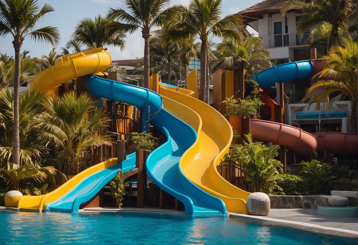 Colorful water slides and palm trees surround a crystal-clear pool with "Splash Island Promotions Singapore" signage. Sunbathers relax on lounge chairs while children play in the water
