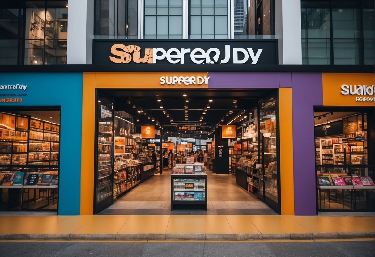 Vibrant cityscape with Superdry store front, surrounded by bustling crowds and colorful promotional banners in Singapore