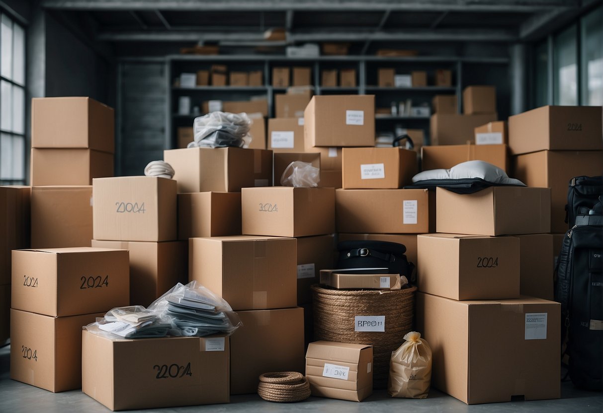 A cluttered storage space with boxes and items labeled "2024 Promotions Breakdown" in Singapore