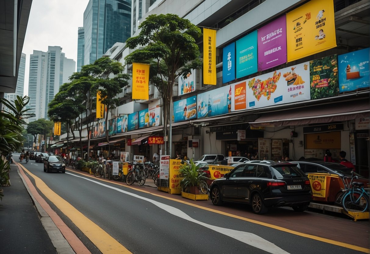 Colorful banners and signs line the streets of Singapore, promoting various products and services