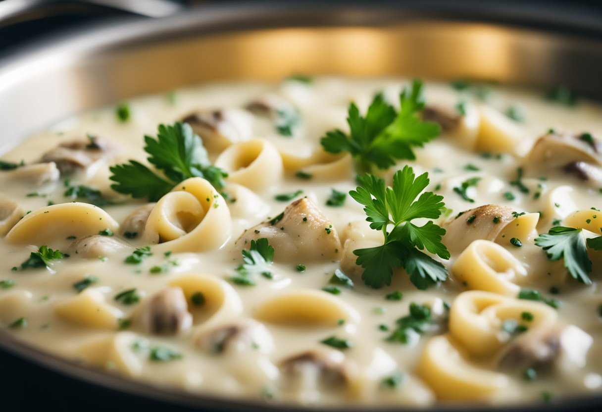 A pot of creamy clam chowder pasta simmering on a stove, with steam rising and a sprinkle of fresh parsley on top