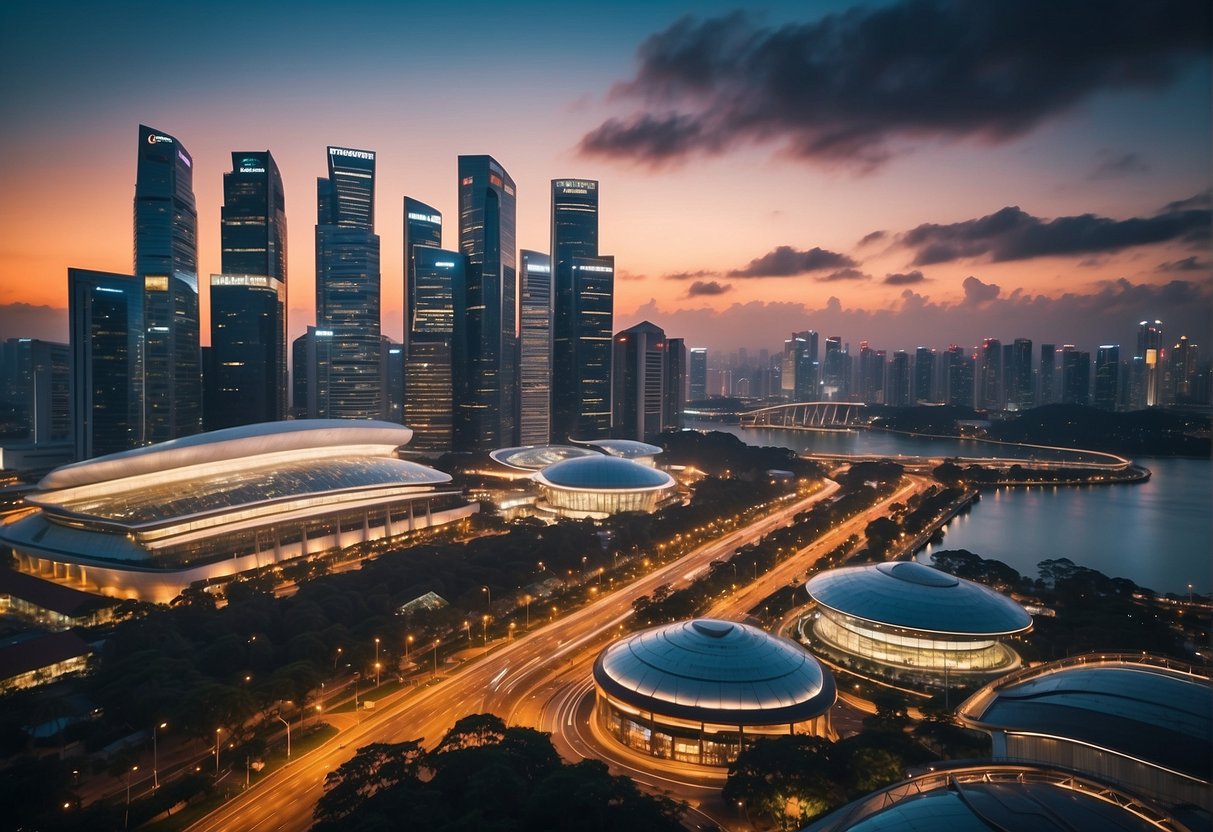 A vibrant cityscape with iconic landmarks and bustling streets, showcasing the dynamic energy and modernity of Singapore's urban landscape