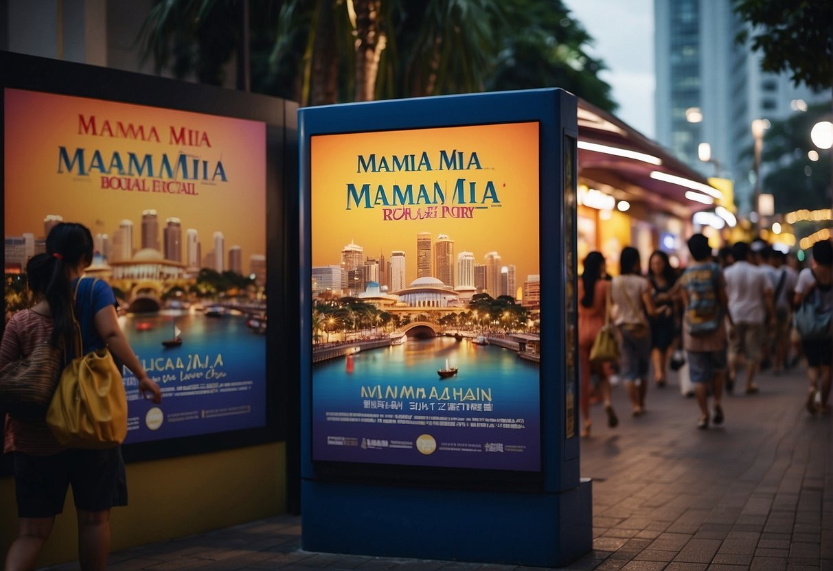 Colorful posters line the streets of Singapore, advertising the Mamma Mia musical. Bright lights illuminate the city as people gather to enjoy the lively promotions
