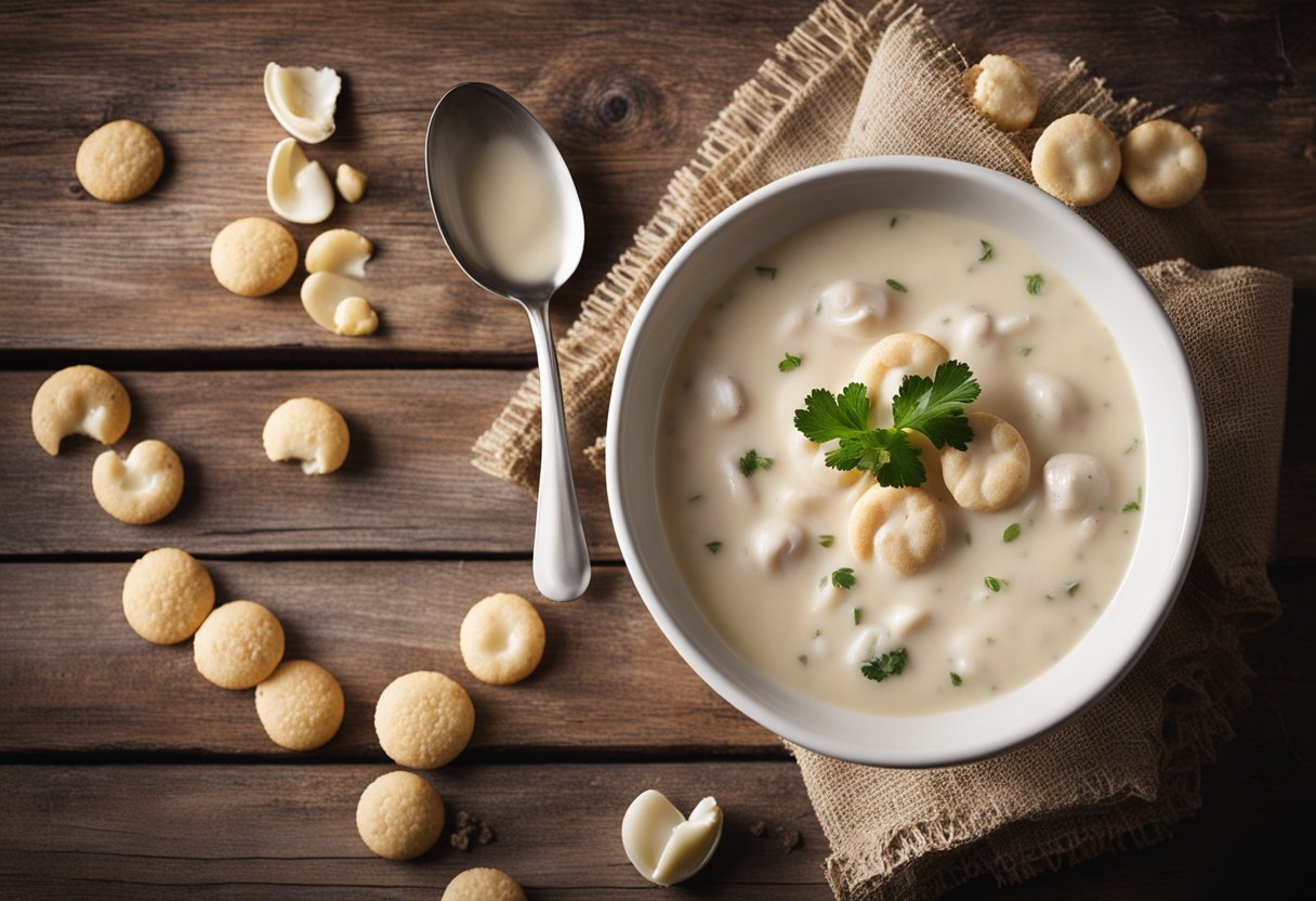 A steaming bowl of clam chowder sits on a rustic wooden table, surrounded by a few scattered oyster crackers. Wisps of steam rise from the creamy soup, and a spoon rests on the edge of the bowl