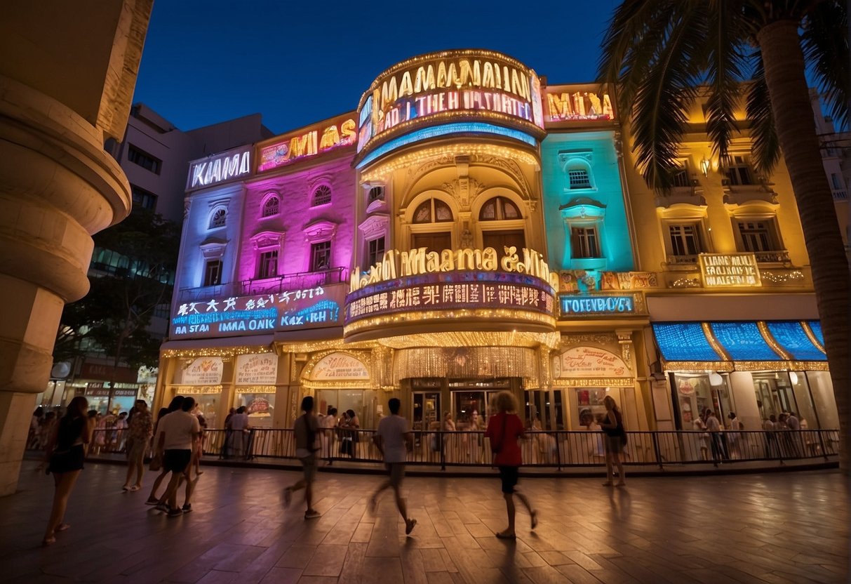 The colorful lights of the Sands Theatre illuminate the vibrant promotional posters for the Mamma Mia! musical in Singapore