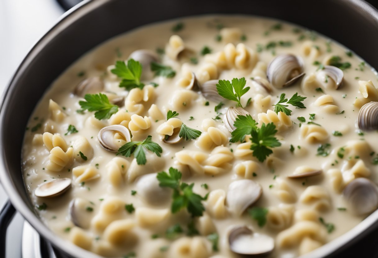A pot of creamy clam chowder simmers on the stove. Pasta boils in a separate pot. Chopped clams and herbs wait to be added
