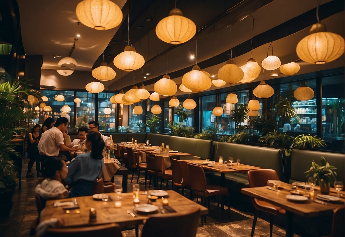 A vibrant restaurant with garlic-themed decor, bustling with diners enjoying special promotions and garlic-infused dishes in Singapore