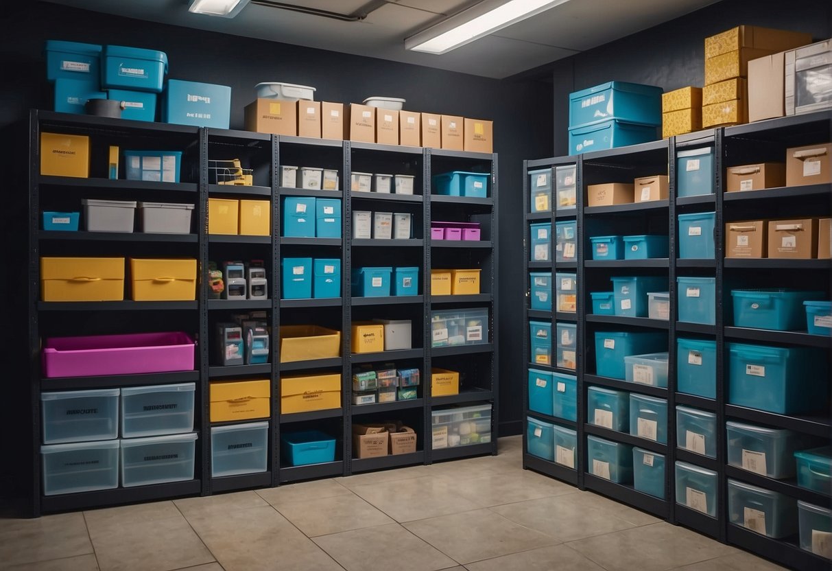 A brightly lit storage space with neatly organized shelves and labeled boxes, showcasing various promotions for Frequently Asked Questions in Singapore