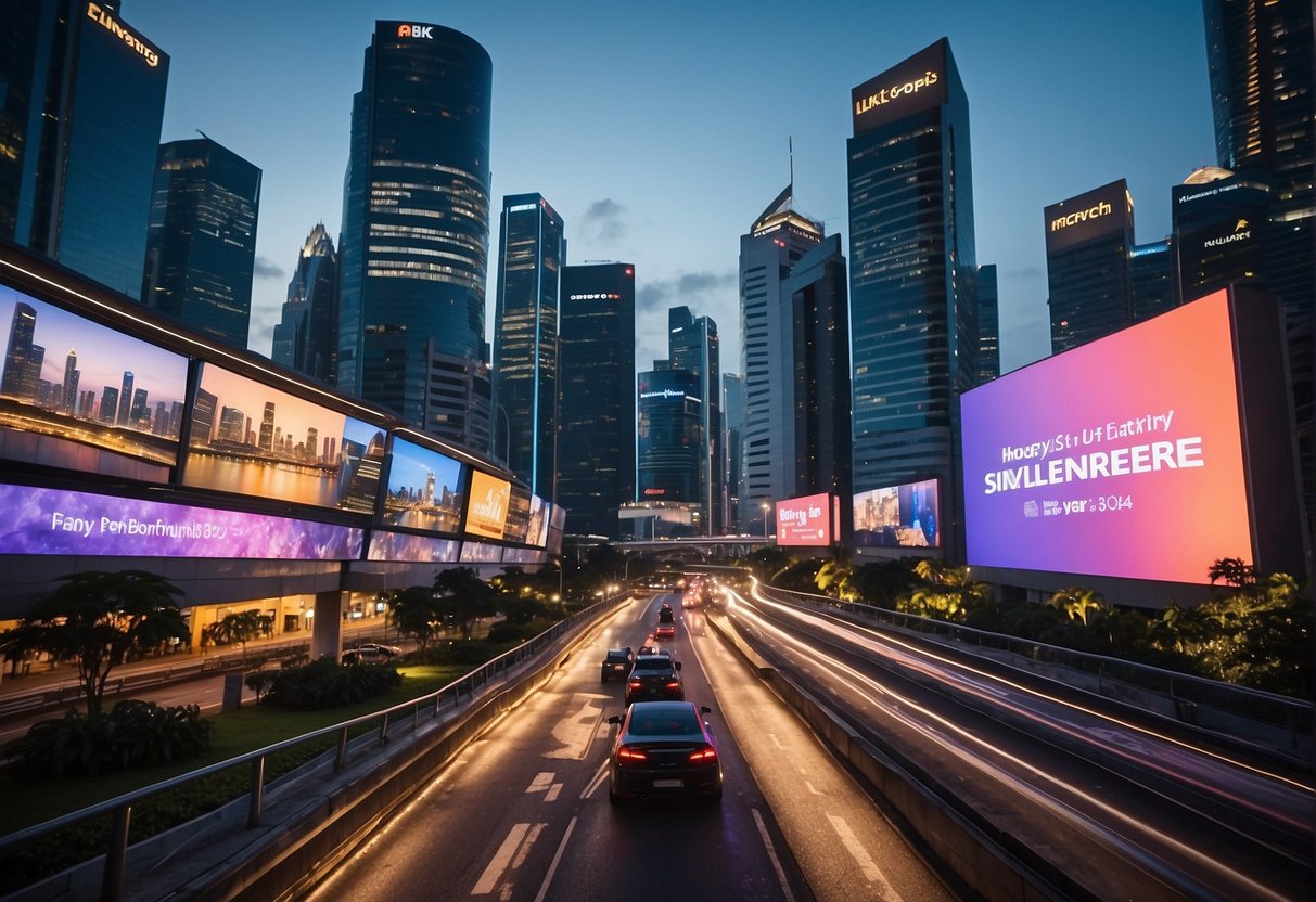 A bustling city skyline with colorful banners and billboards advertising exciting promotions in Singapore for the year 2024
