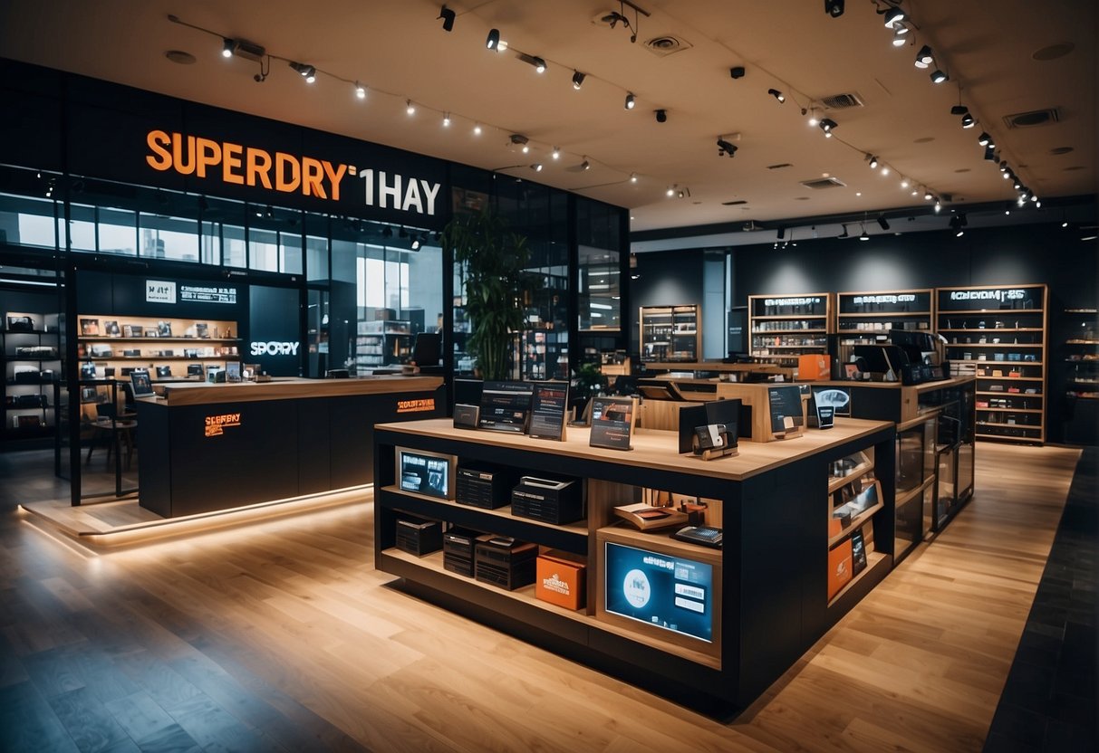 A sleek, modern tech store in Singapore with bold Superdry branding and promotional displays