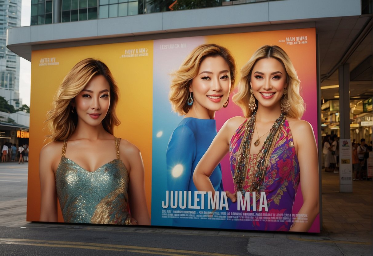 Vibrant posters of & Juliet and Mamma Mia line the streets of Singapore, promoting their Asian premieres. Bright lights and colorful graphics catch the eye of passersby