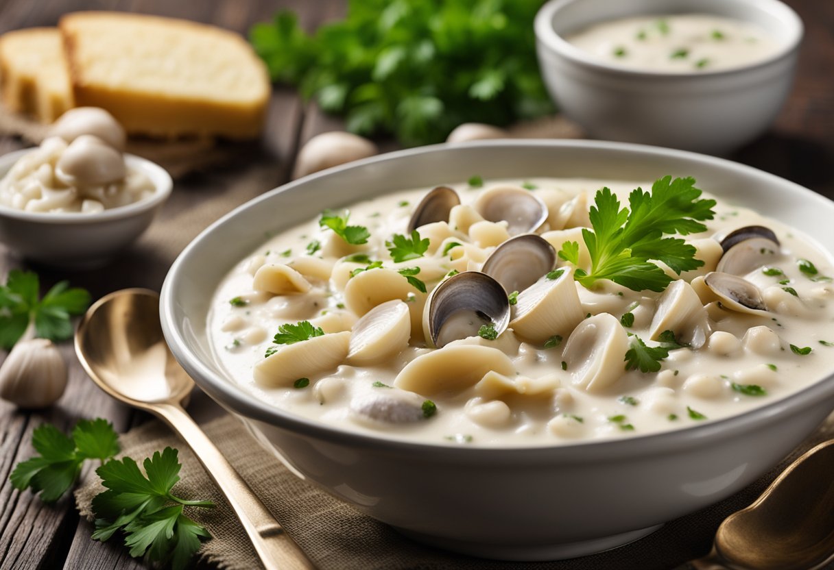 A steaming bowl of clam chowder pasta sits on a rustic wooden table, garnished with fresh parsley and a sprinkle of black pepper. A spoon rests on the side, ready for a taste