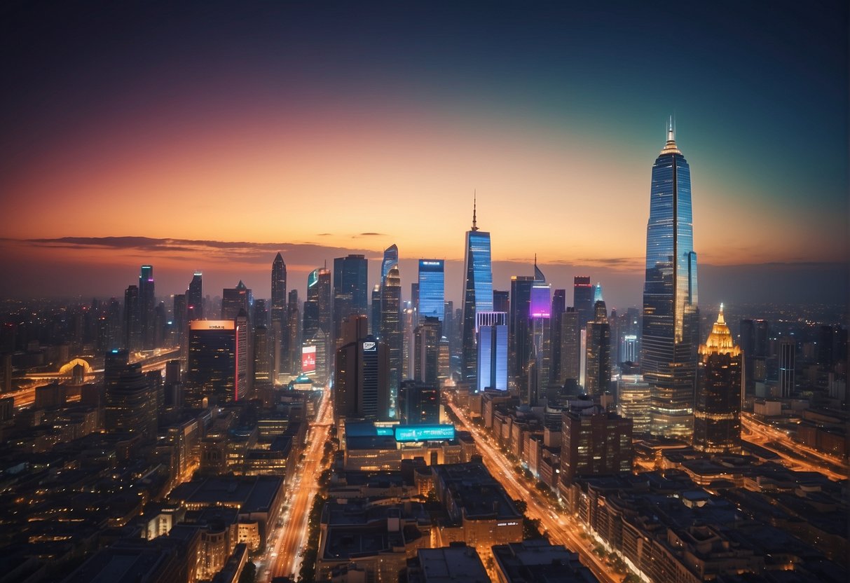 A vibrant city skyline with iconic landmarks, surrounded by bustling shopping districts and colorful promotional banners
