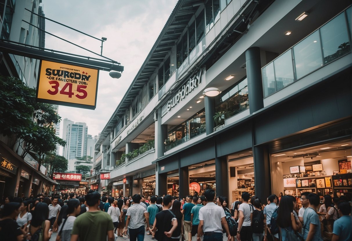 A crowded Singapore street with a prominent "Superdry" store, surrounded by excited shoppers and promotional signage