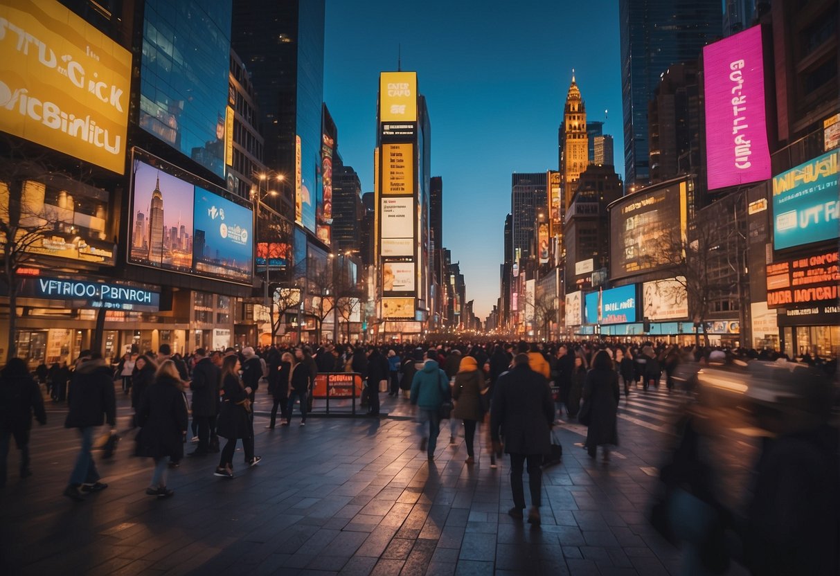 A vibrant cityscape with iconic landmarks, bustling streets, and colorful signage promoting travel deals