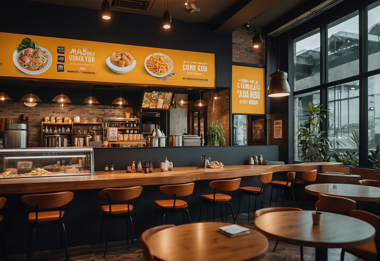 A vibrant restaurant interior with bold signage, enticing food displays, and promotional materials showcasing current offers at Mad For Garlic in Singapore